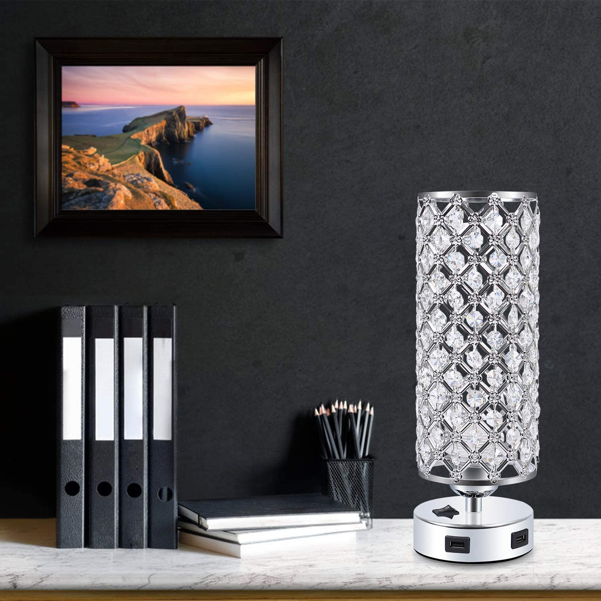 USB Crystal Table Lamps Bedside Lamps Set of 2, Modern Nightstand Lamps with Dual USB Charging Ports, Glam Bedroom Lamps Table Lamps for Bedroom, Living Room, Study Room and Office (Set of 2)