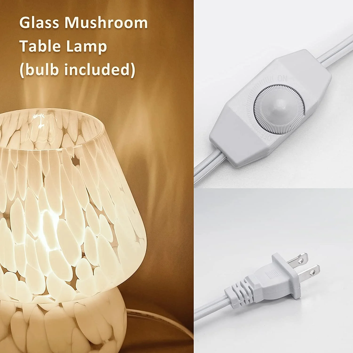 Mushroom Table Lamps Set of 2, Dimmable Glass Bedside Lamp, Cute Small Nightstand Lamp for Living Room, Bedroom, Home Decor, 7.1'' H, White