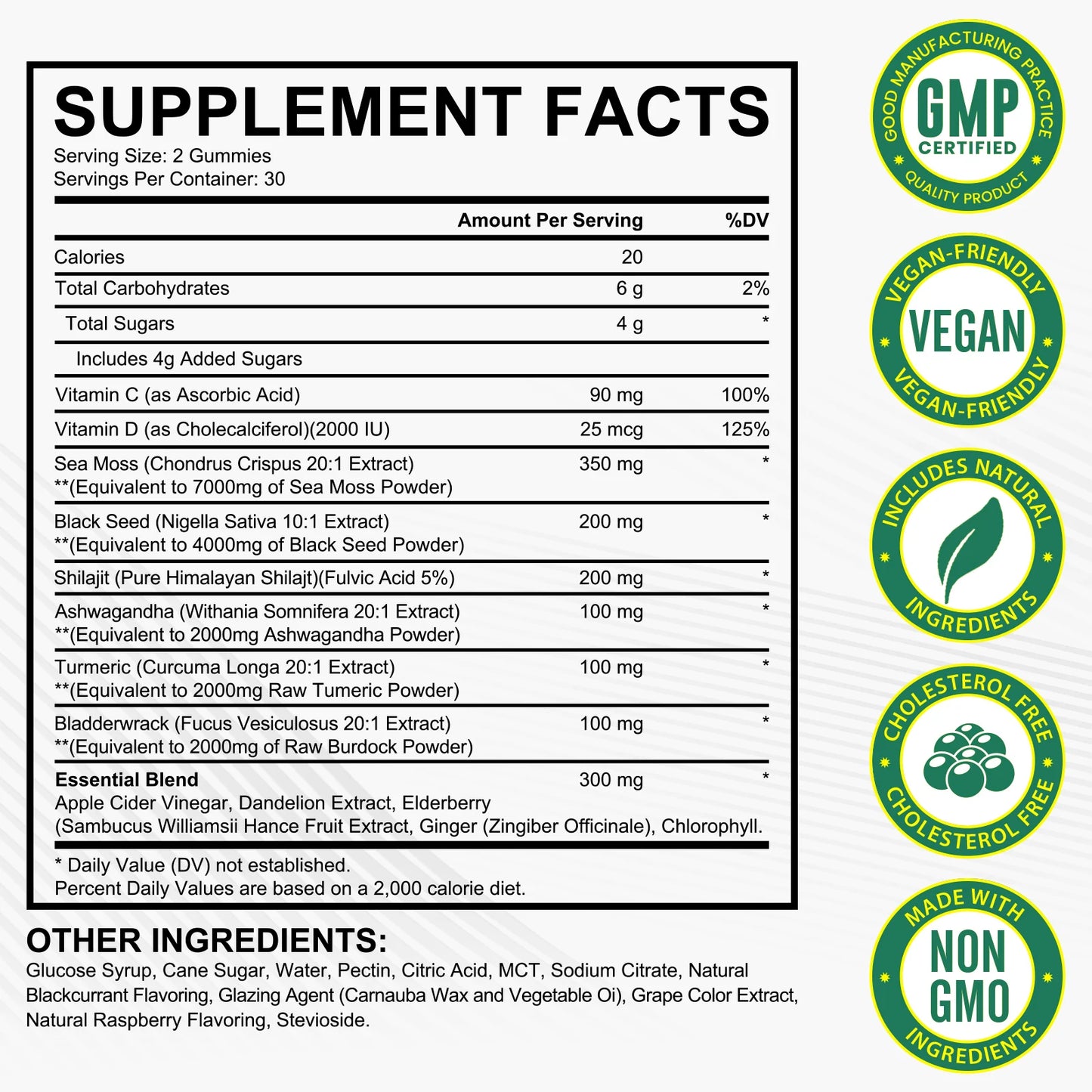 Organic Sea Moss Gummies with Shilajit & Ashwagandha for Immune Support, Energy, Digestion, Skin & Hair Health - 60 Count