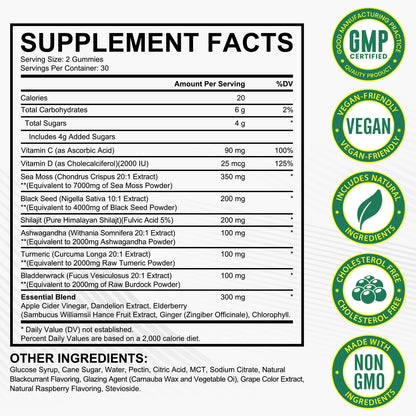 Organic Sea Moss Gummies with Shilajit & Ashwagandha for Immune Support, Energy, Digestion, Skin & Hair Health - 60 Count