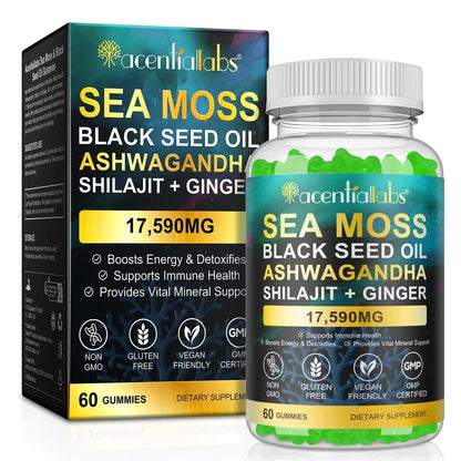Organic Sea Moss Gummies with Shilajit & Ashwagandha for Immune Support, Energy, Digestion, Skin & Hair Health - 60 Count